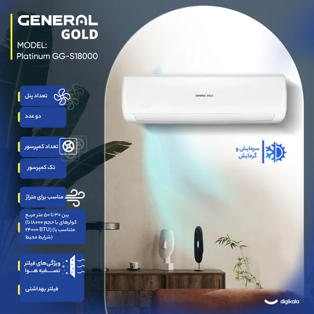 کولر گازی اسپلیت دیواری 18000 دور ثابت جنرال گلد مدل GG-S18000 Platinum 103109749